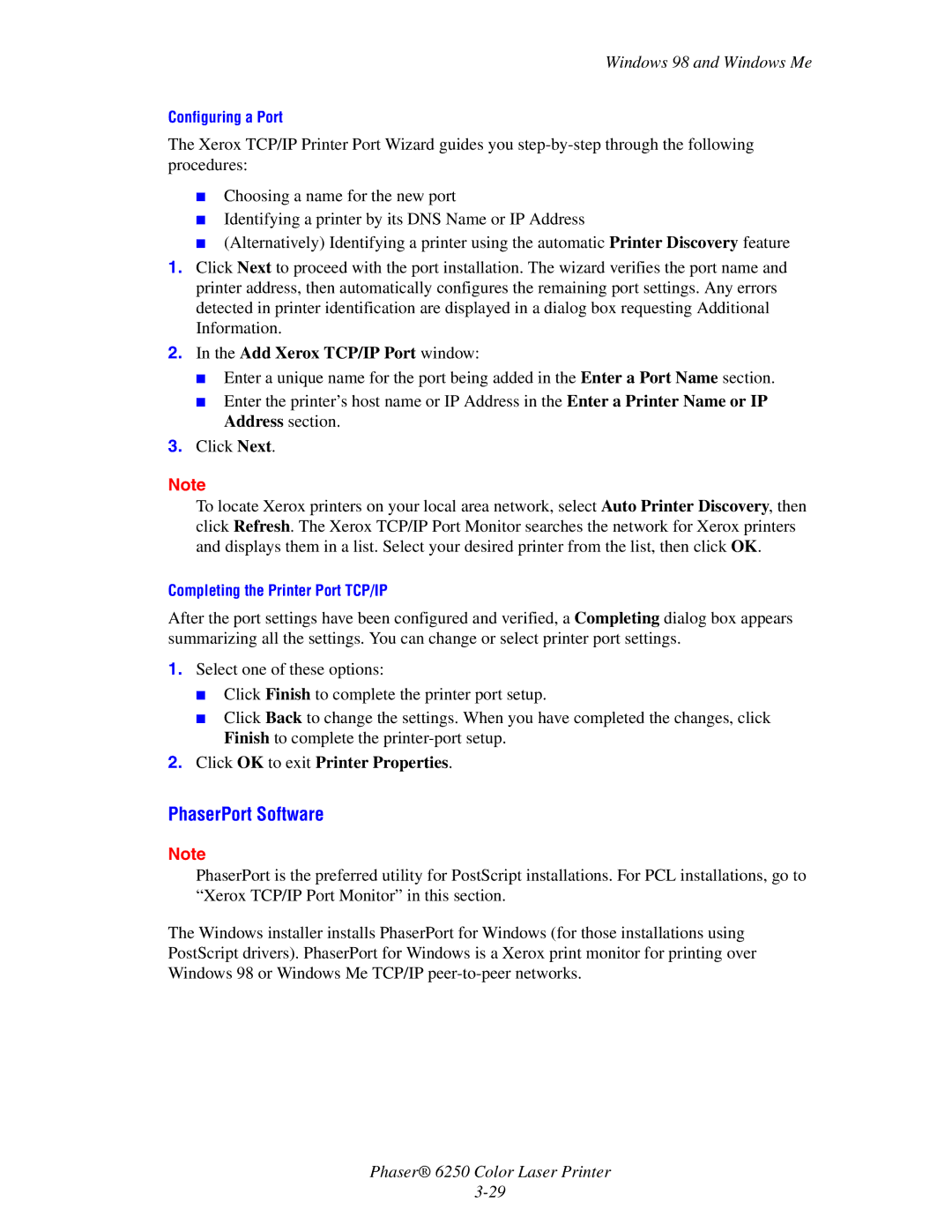 Xerox 6250 manual PhaserPort Software, Add Xerox TCP/IP Port window 