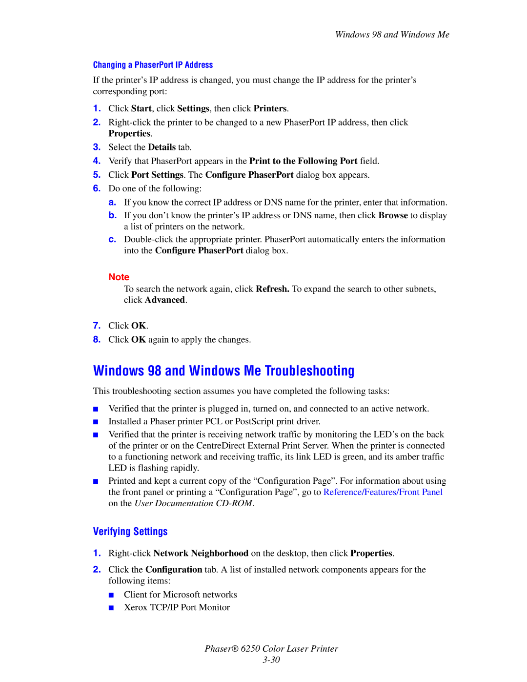 Xerox 6250 manual Windows 98 and Windows Me Troubleshooting, Verifying Settings 