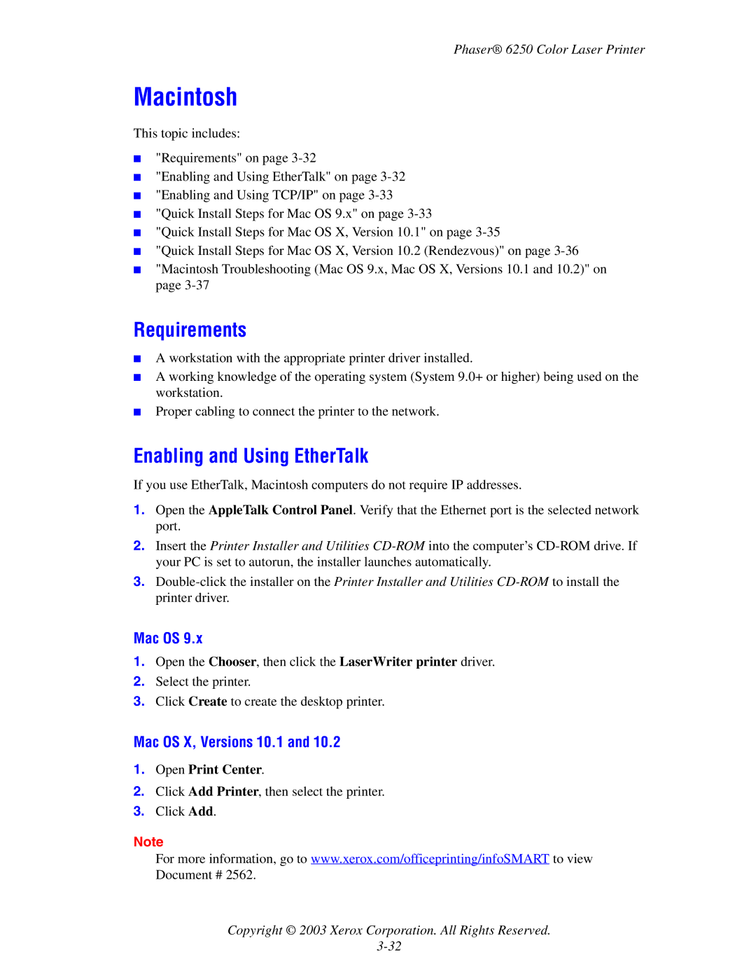 Xerox 6250 manual Macintosh, Requirements, Enabling and Using EtherTalk, Mac OS X, Versions 10.1 