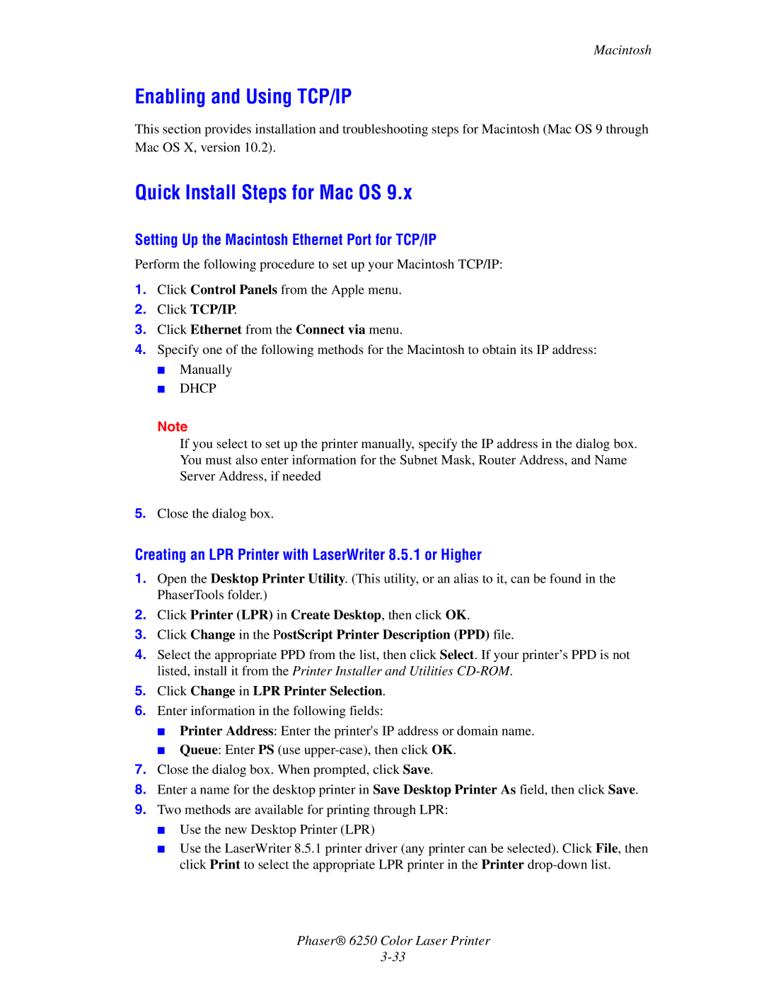 Xerox 6250 Enabling and Using TCP/IP, Quick Install Steps for Mac OS, Setting Up the Macintosh Ethernet Port for TCP/IP 