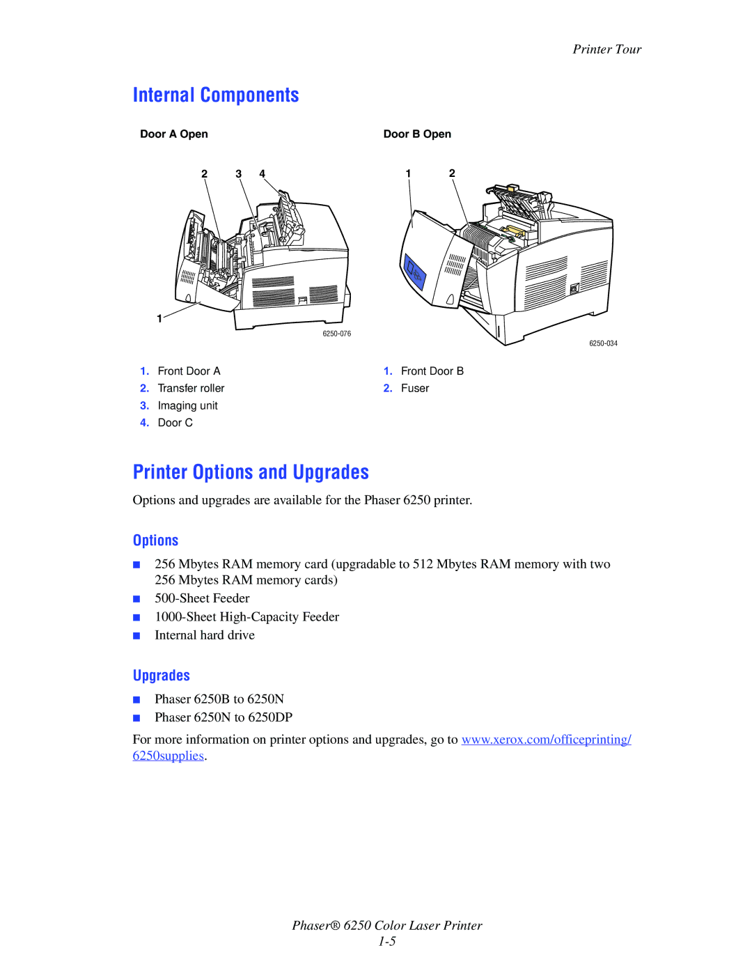 Xerox 6250 manual Internal Components, Printer Options and Upgrades, Door a Open Door B Open 