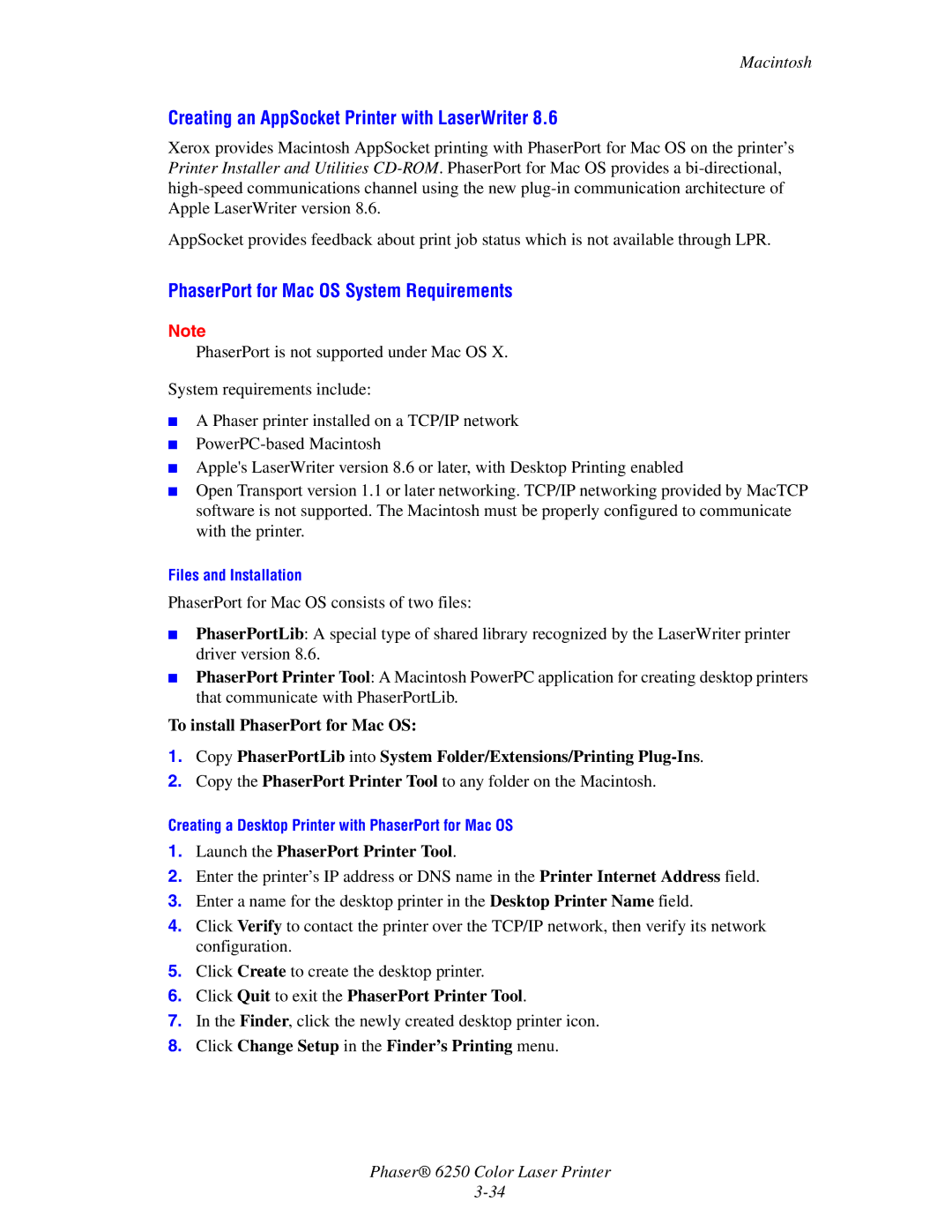 Xerox 6250 manual Creating an AppSocket Printer with LaserWriter, PhaserPort for Mac OS System Requirements 