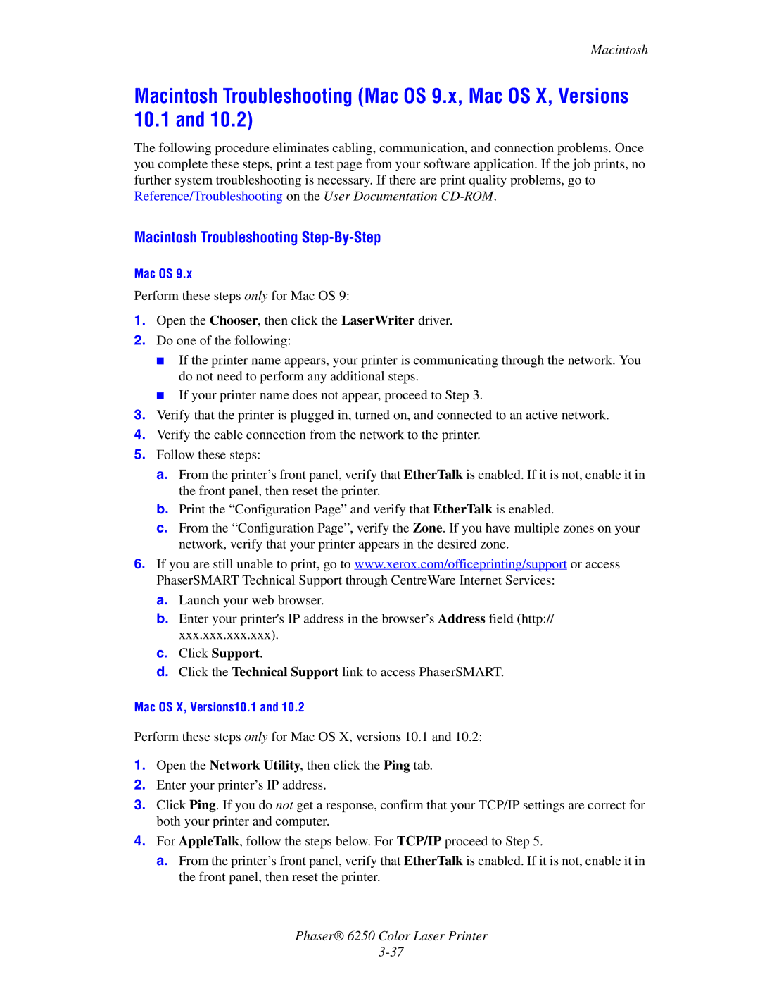 Xerox 6250 manual Macintosh Troubleshooting Step-By-Step 