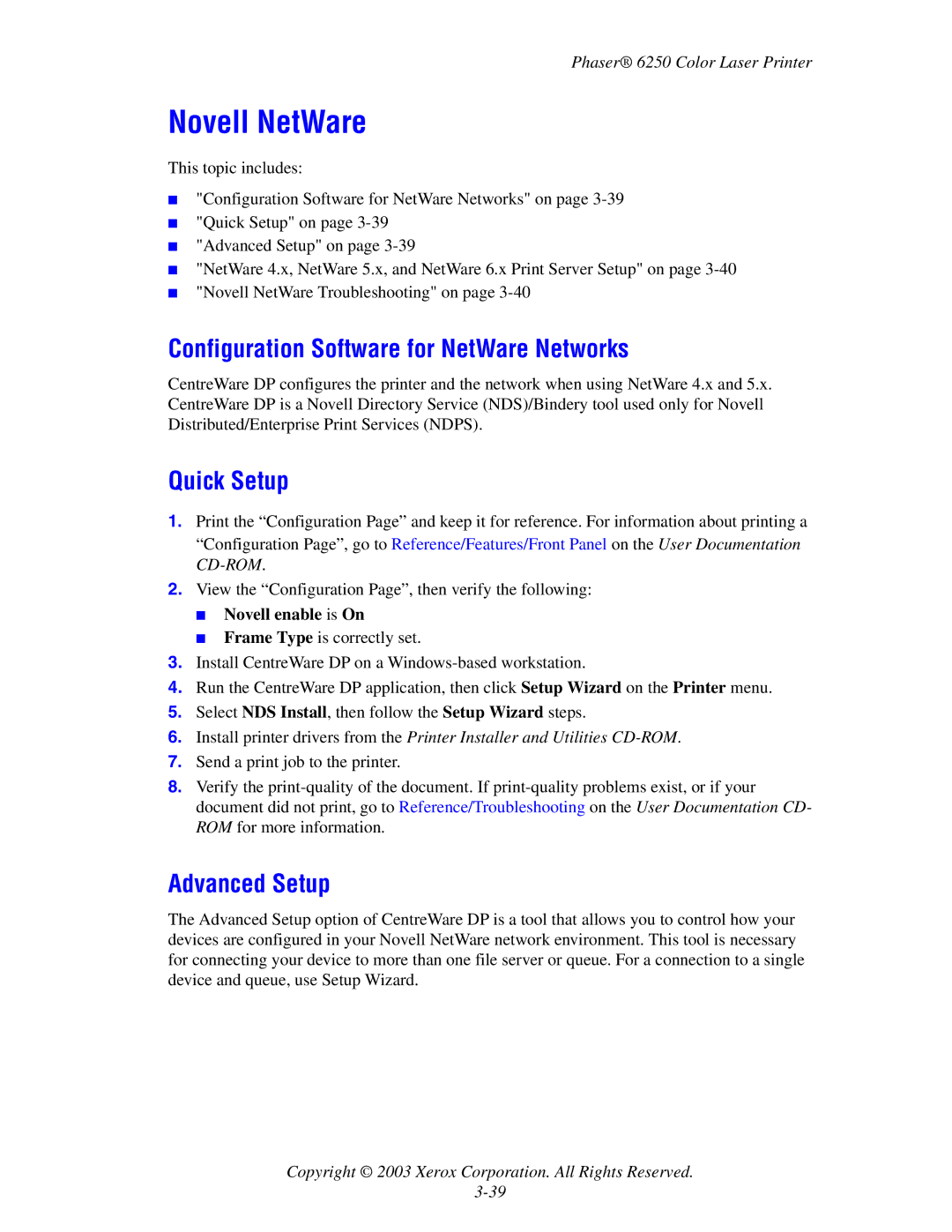 Xerox 6250 Novell NetWare, Configuration Software for NetWare Networks, Quick Setup, Advanced Setup, Novell enable is On 