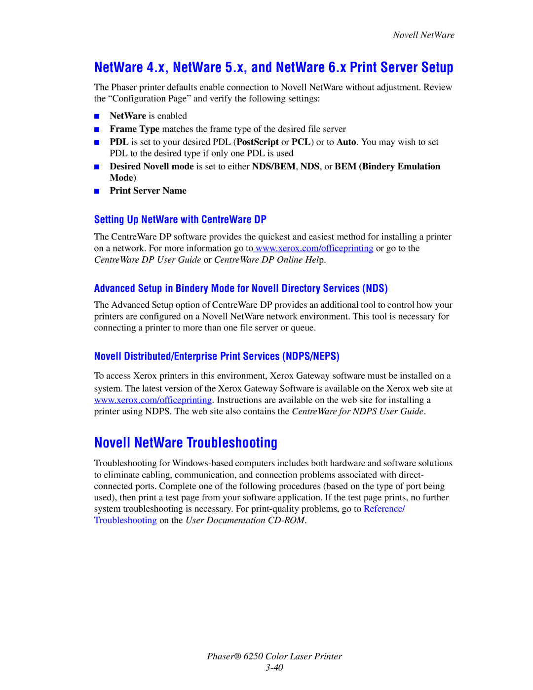 Xerox 6250 manual Novell NetWare Troubleshooting, Novell Distributed/Enterprise Print Services NDPS/NEPS 