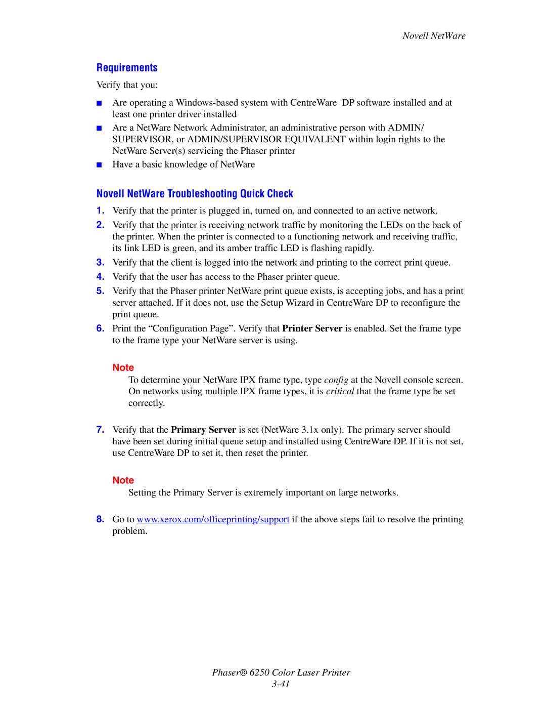 Xerox 6250 manual Requirements, Novell NetWare Troubleshooting Quick Check 