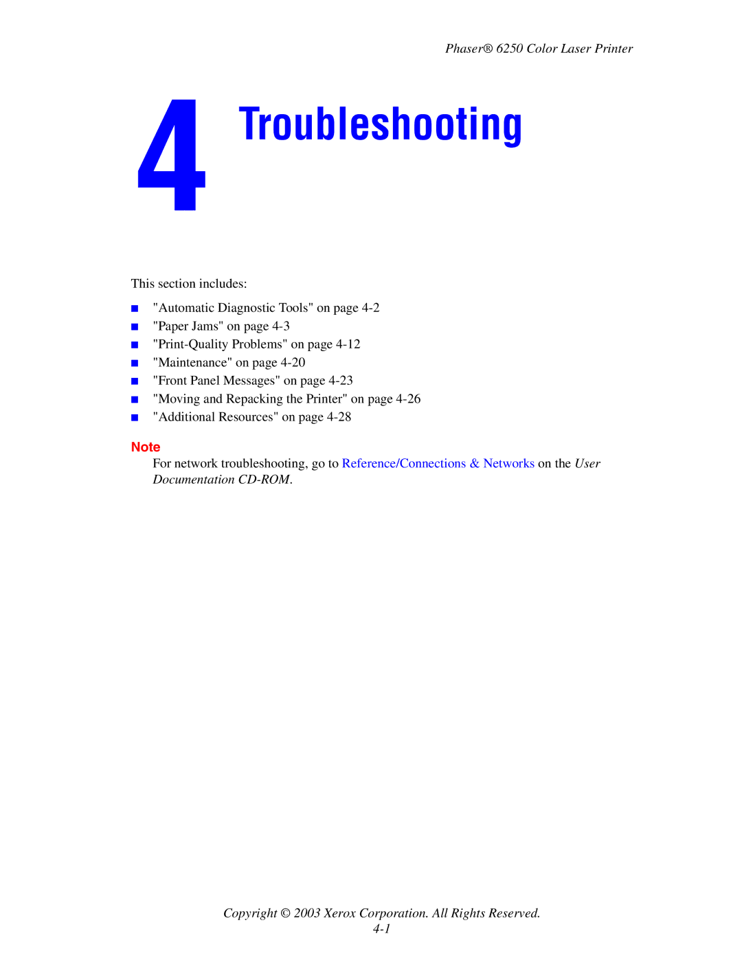 Xerox 6250 manual Troubleshooting 