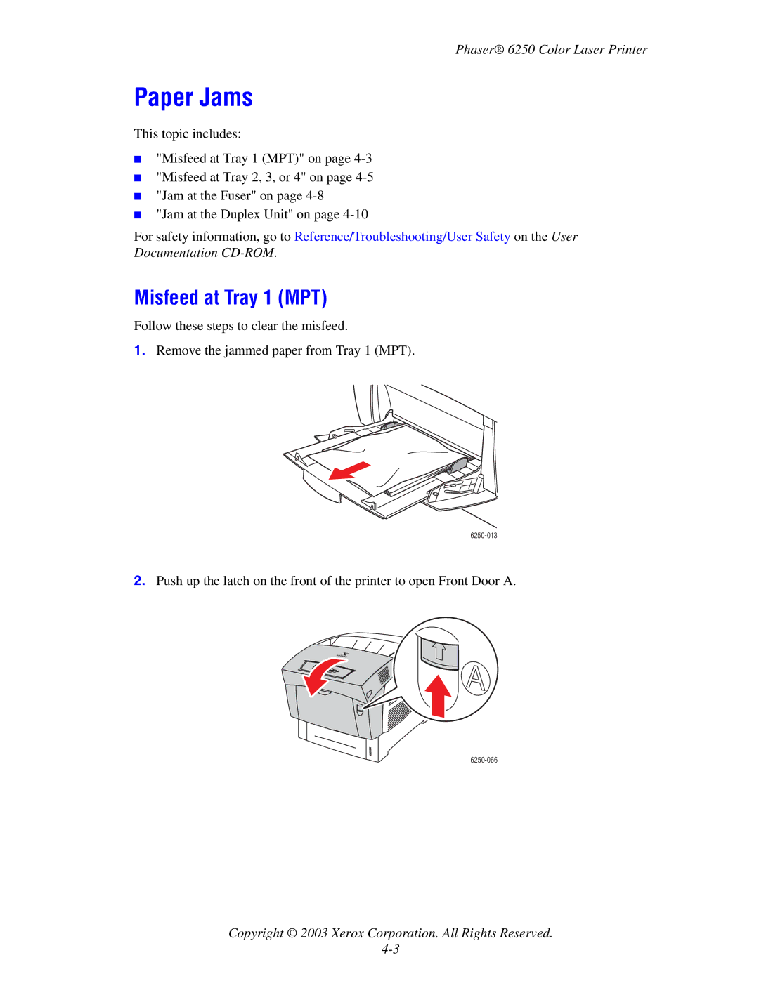 Xerox 6250 manual Paper Jams, Misfeed at Tray 1 MPT 