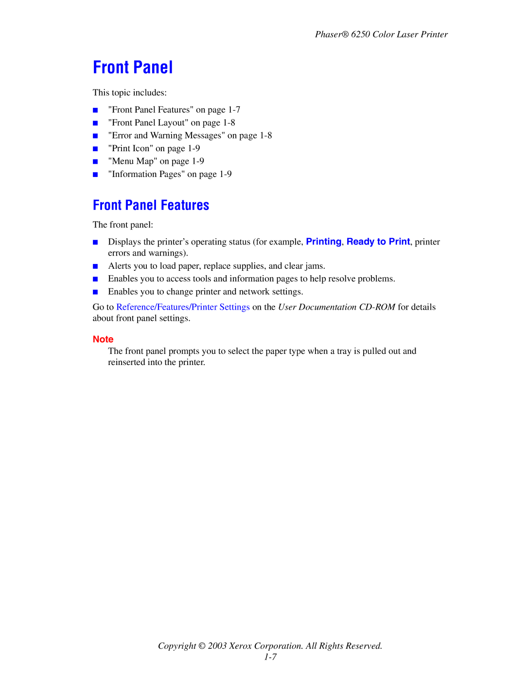 Xerox 6250 manual Front Panel Features 