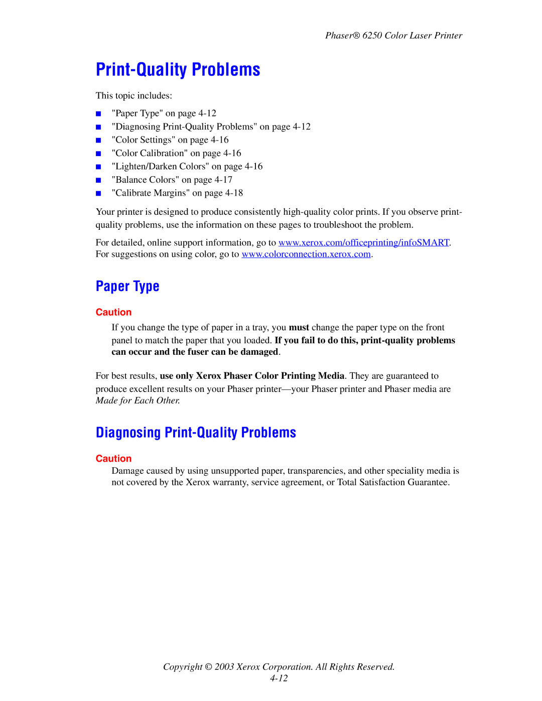 Xerox 6250 manual Paper Type, Diagnosing Print-Quality Problems 