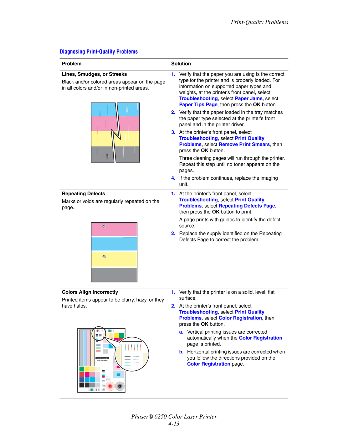 Xerox 6250 manual Print-Quality Problems, Problem Solution Lines, Smudges, or Streaks, Repeating Defects 