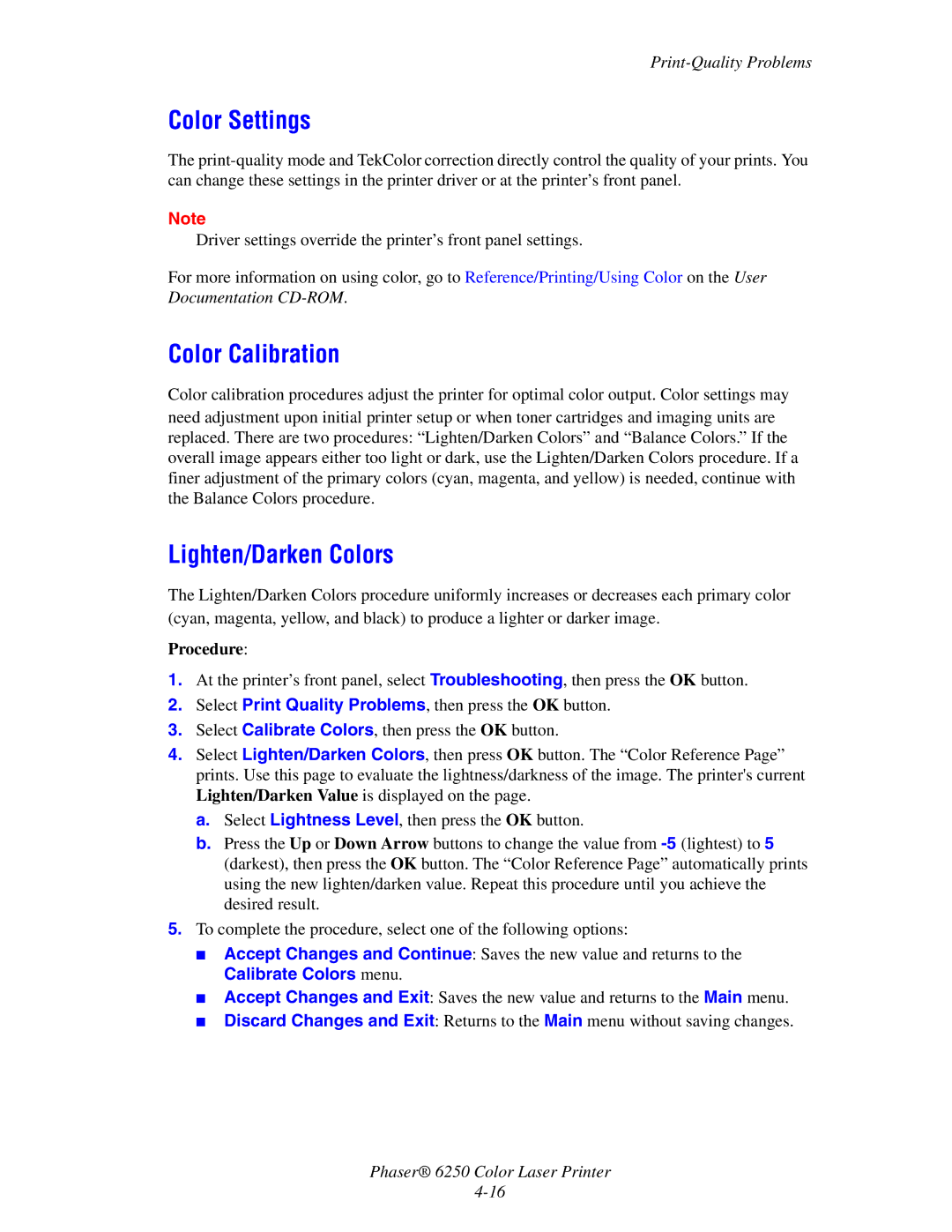 Xerox 6250 manual Color Settings, Lighten/Darken Colors, Procedure 