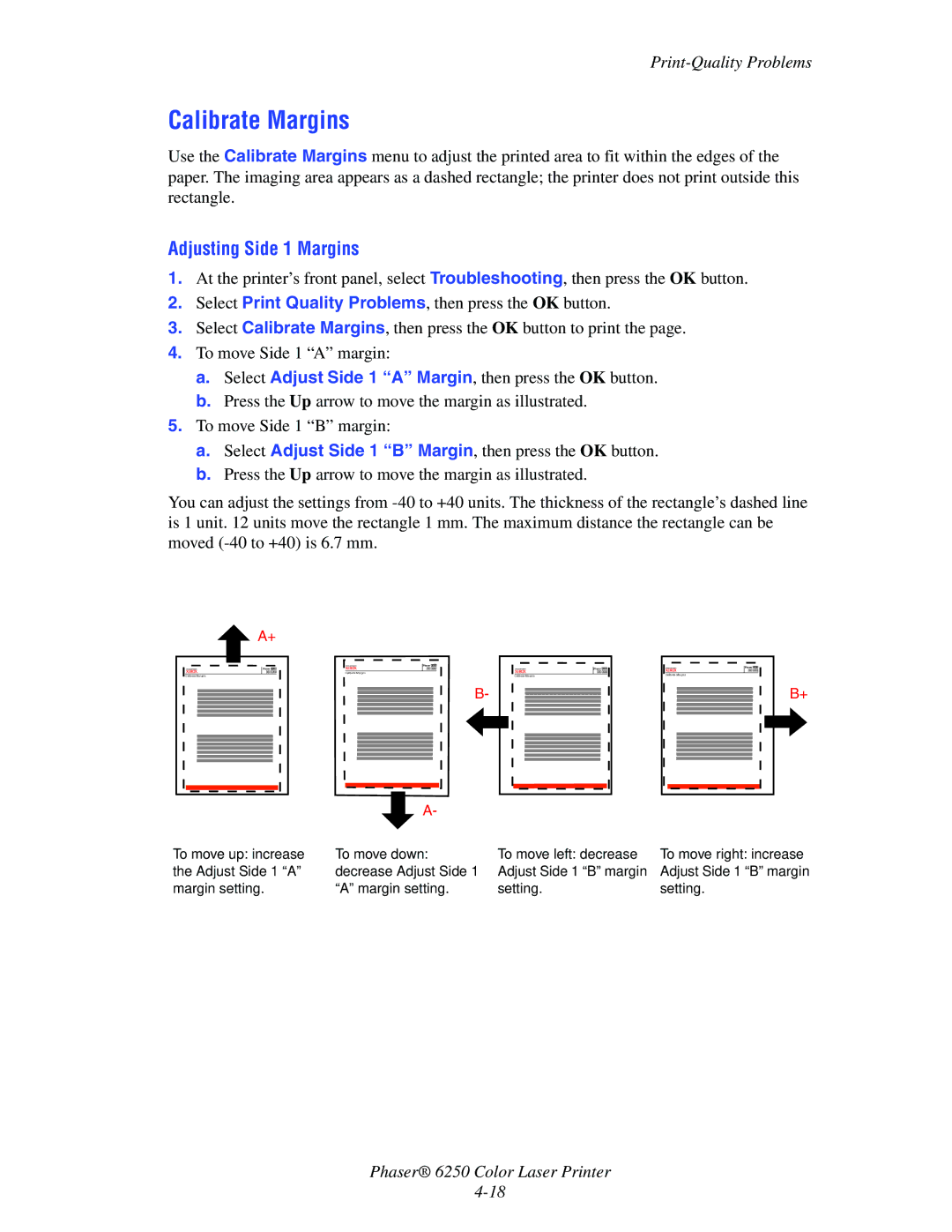 Xerox 6250 manual Calibrate Margins, Adjusting Side 1 Margins 