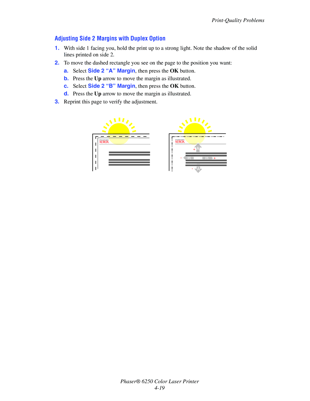 Xerox 6250 manual Adjusting Side 2 Margins with Duplex Option 