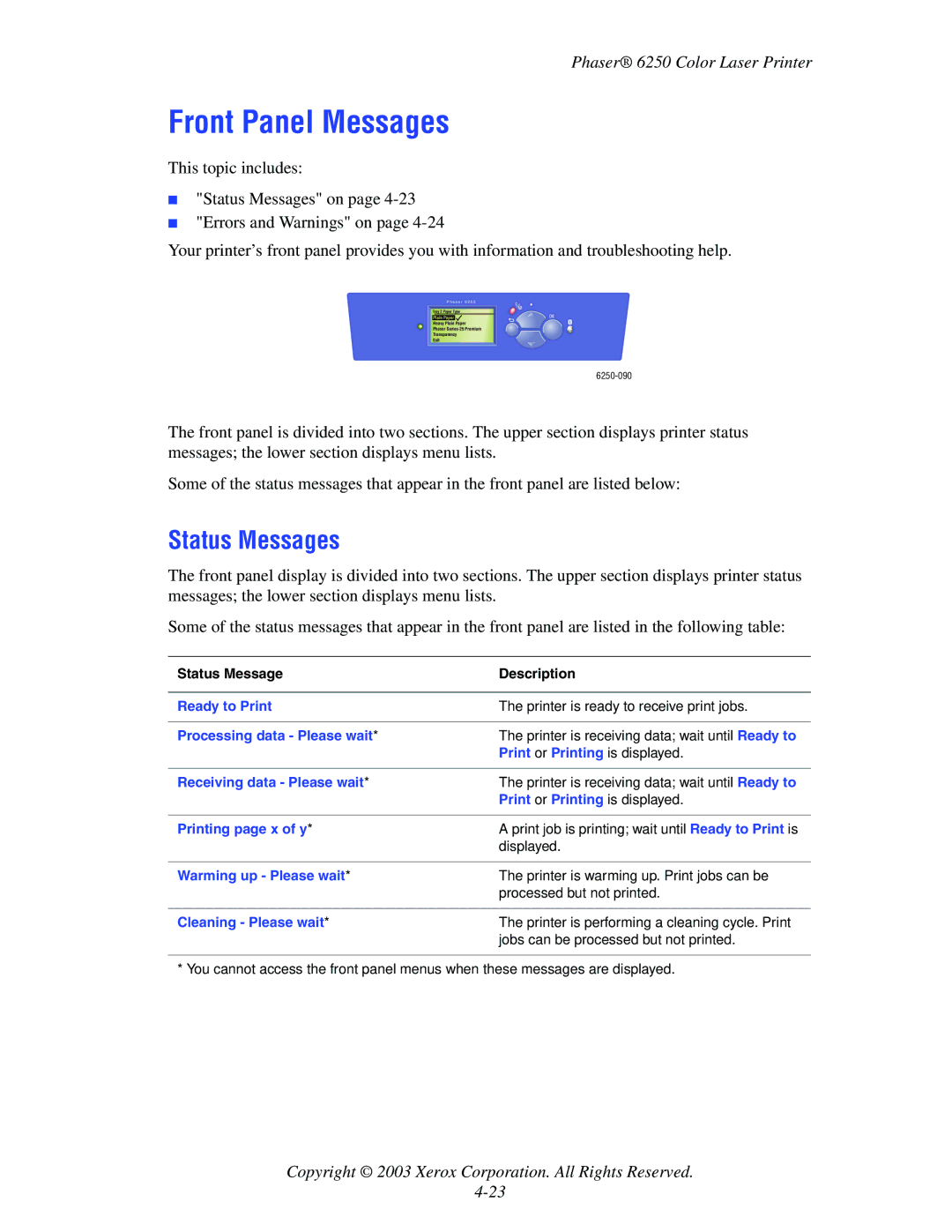Xerox 6250 manual Front Panel Messages, Status Messages, Status Message Description 