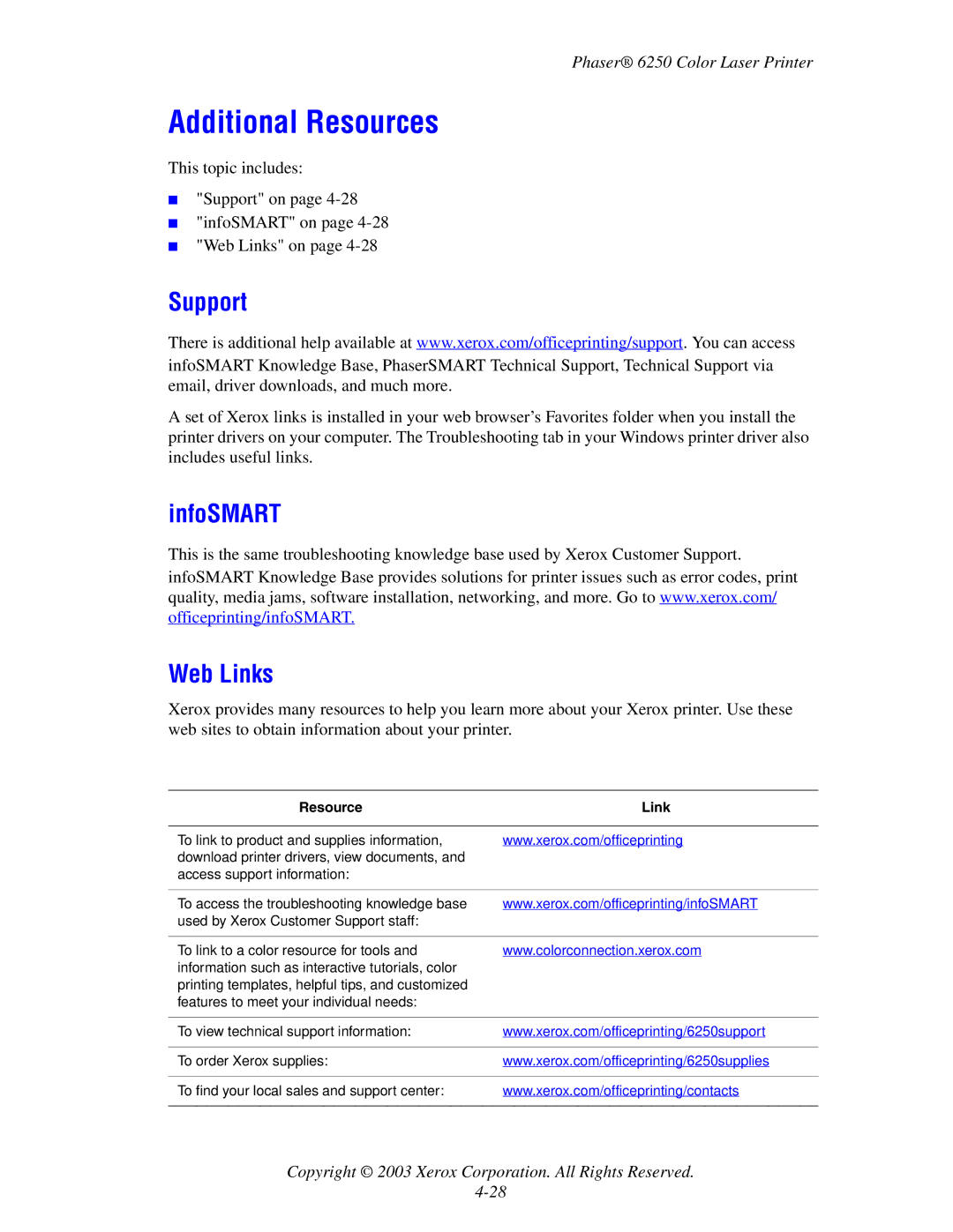 Xerox 6250 manual Additional Resources, Support, InfoSMART Web Links, Resource Link 