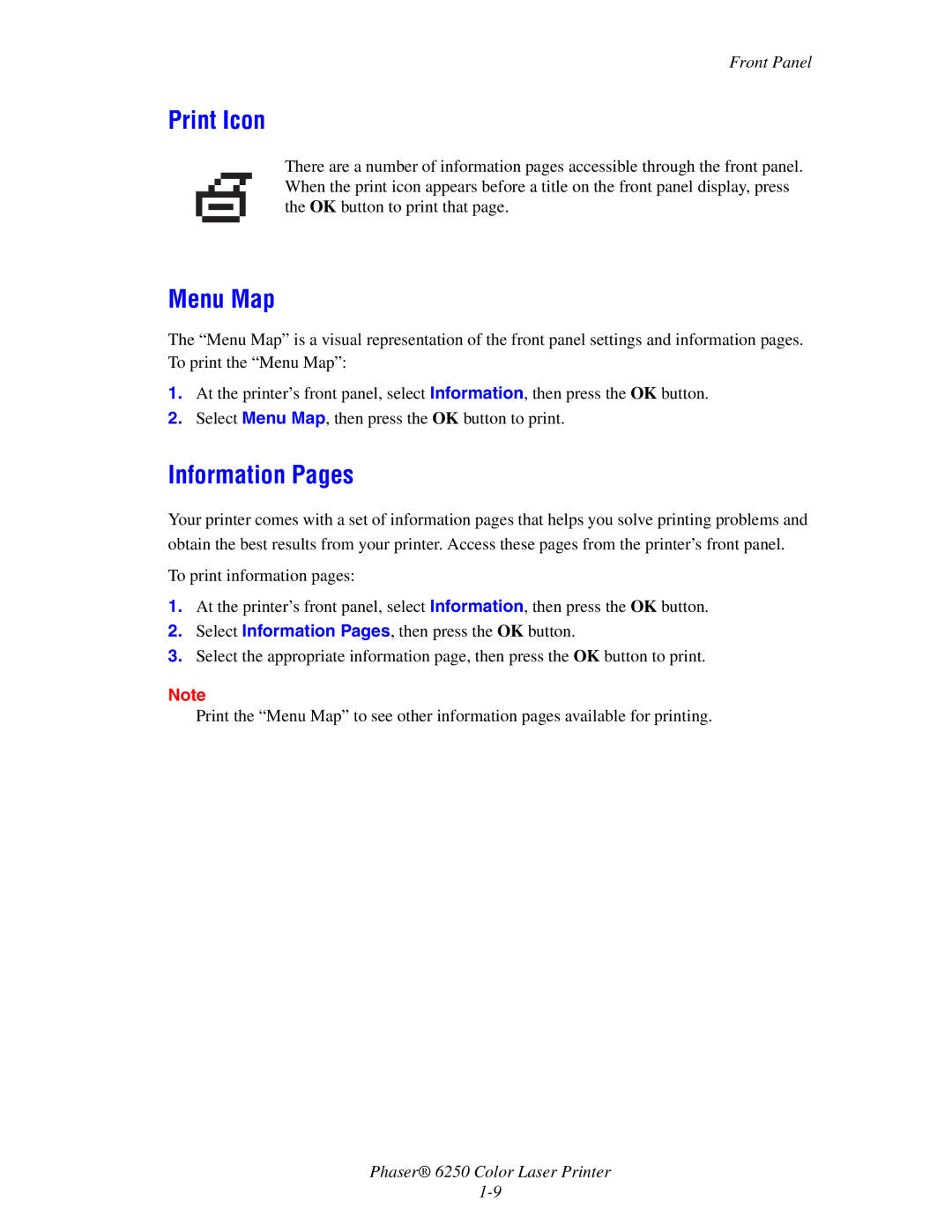 Xerox 6250 manual Print Icon, Menu Map, Information Pages 