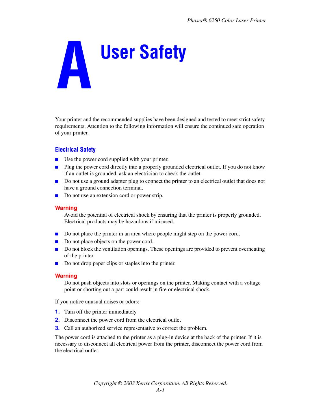 Xerox 6250 manual User Safety, Electrical Safety 