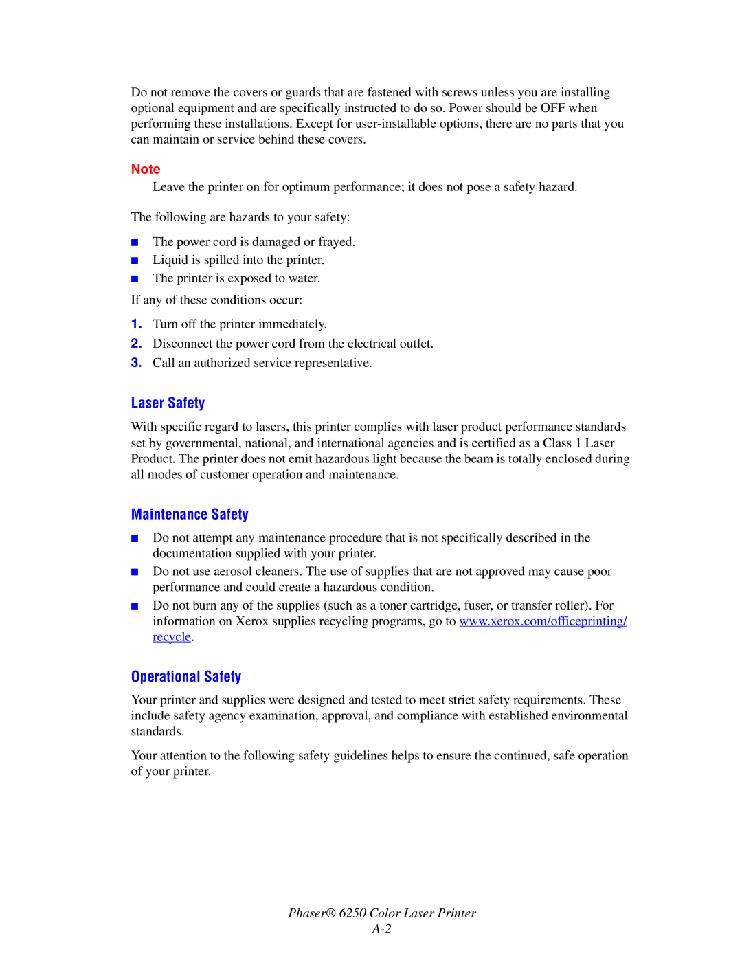 Xerox 6250 manual Laser Safety, Maintenance Safety, Operational Safety 