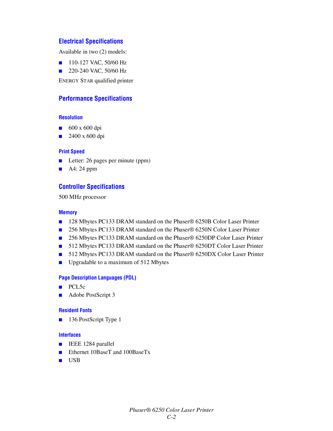 Xerox 6250 manual Electrical Specifications, Performance Specifications, Controller Specifications 