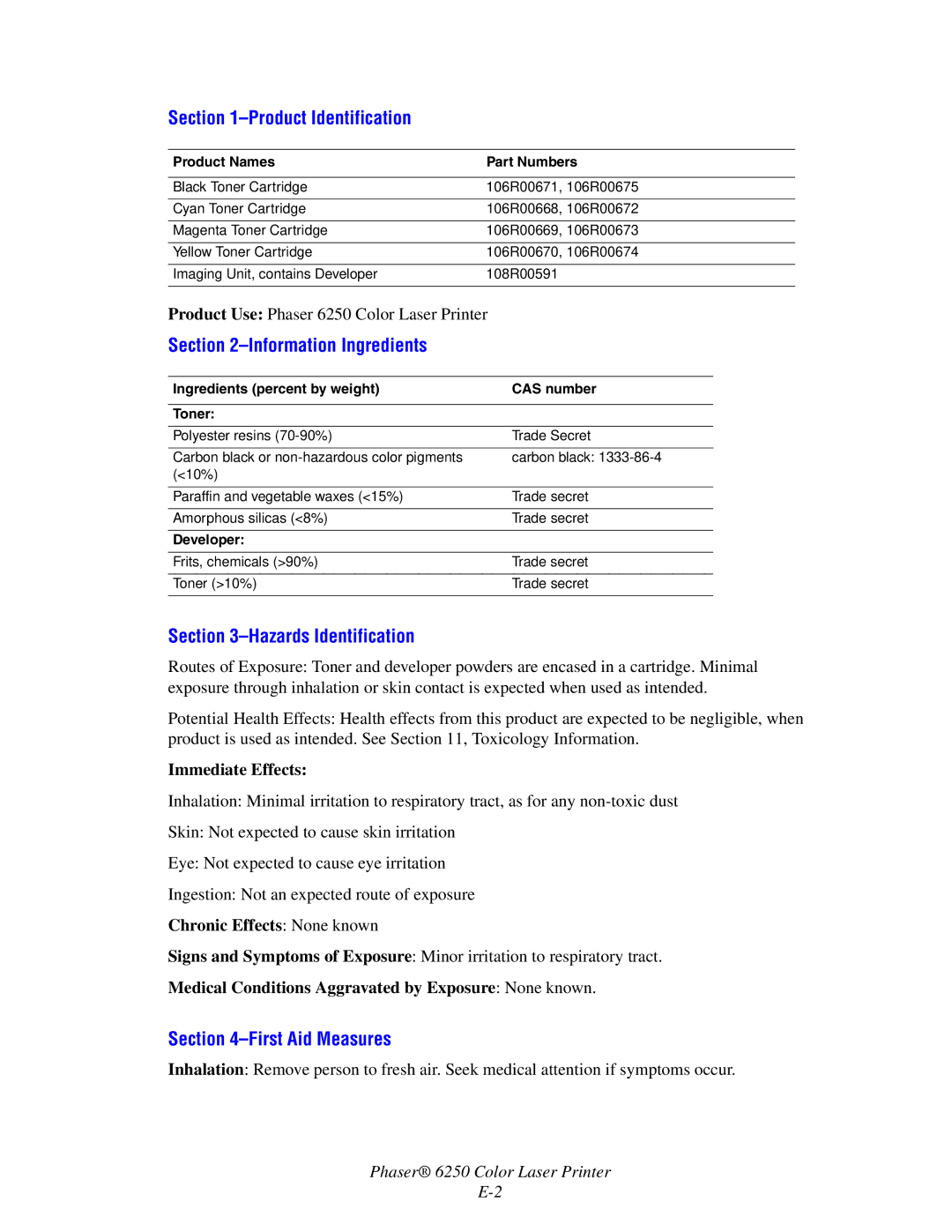 Xerox 6250 manual Product Identification, Information Ingredients, Hazards Identification, First Aid Measures 