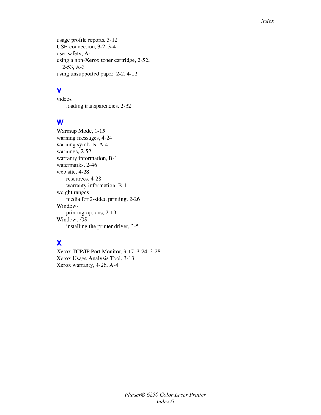 Xerox manual Phaser 6250 Color Laser Printer Index-9 