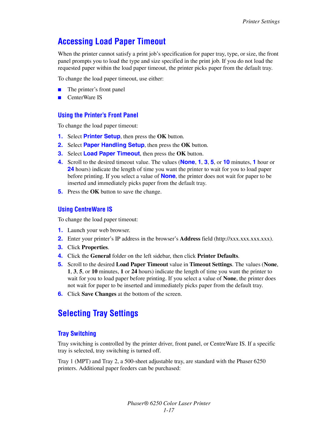 Xerox 6250 manual Accessing Load Paper Timeout, Selecting Tray Settings, Tray Switching 