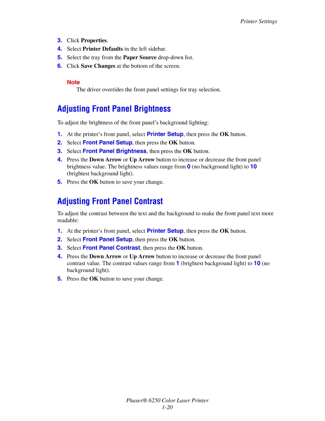 Xerox 6250 manual Adjusting Front Panel Brightness, Adjusting Front Panel Contrast 