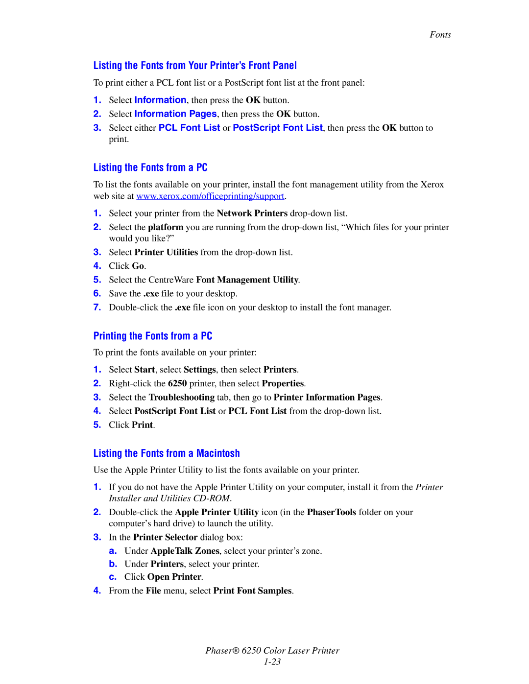 Xerox 6250 Listing the Fonts from Your Printer’s Front Panel, Listing the Fonts from a PC, Printing the Fonts from a PC 