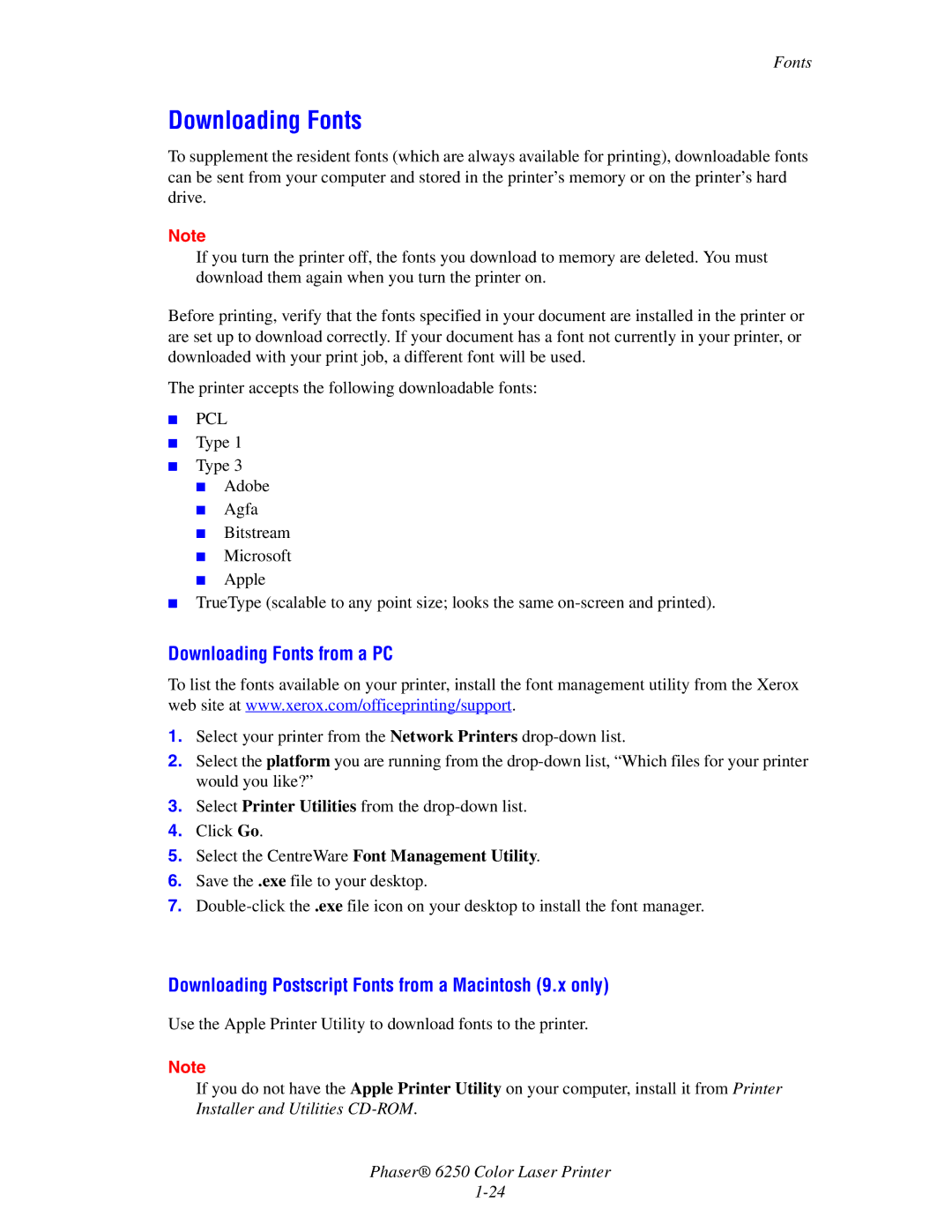 Xerox 6250 manual Downloading Fonts from a PC, Downloading Postscript Fonts from a Macintosh 9.x only 