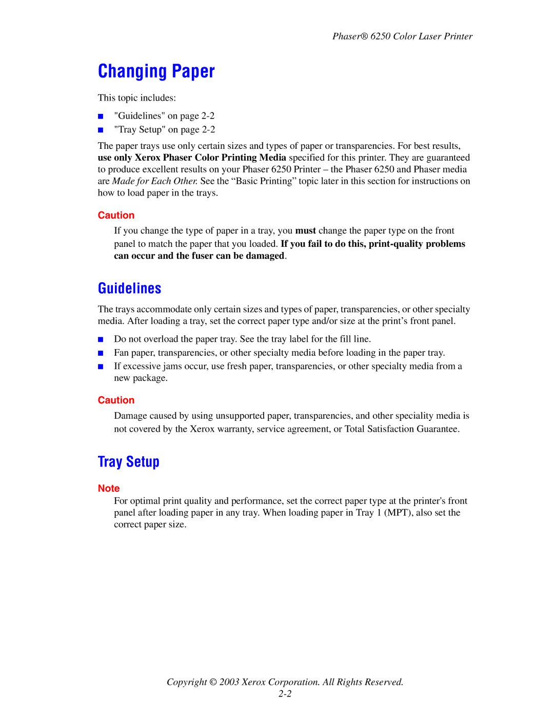 Xerox 6250 manual Changing Paper, Guidelines, Tray Setup 