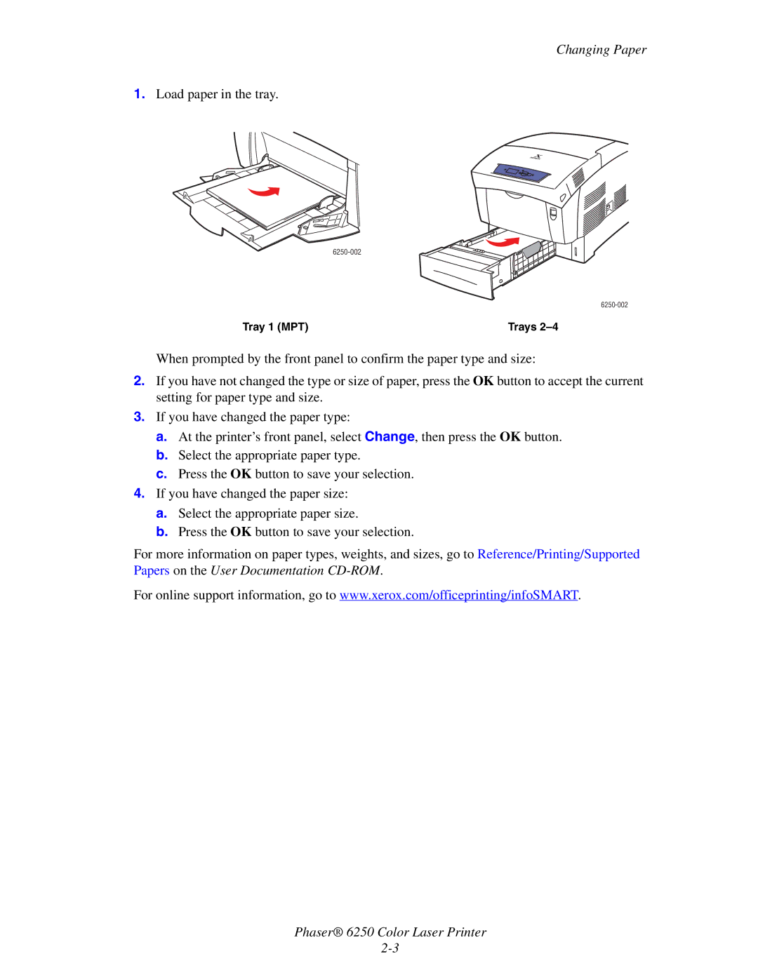 Xerox 6250 manual Changing Paper, Tray 1 MPT 