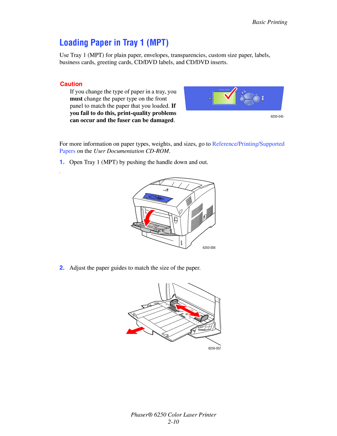 Xerox 6250 manual Loading Paper in Tray 1 MPT, Basic Printing 