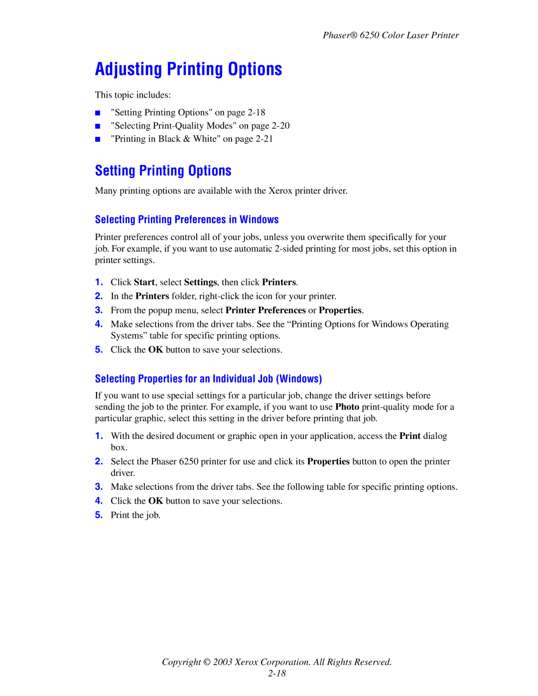 Xerox 6250 manual Adjusting Printing Options, Setting Printing Options, Selecting Printing Preferences in Windows 