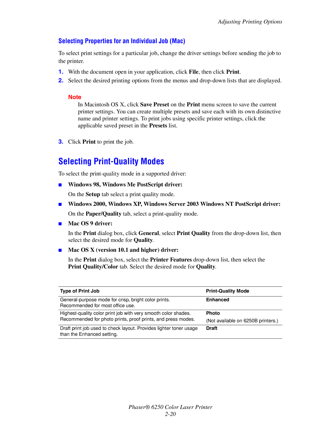 Xerox 6250 manual Selecting Print-Quality Modes, Selecting Properties for an Individual Job Mac 