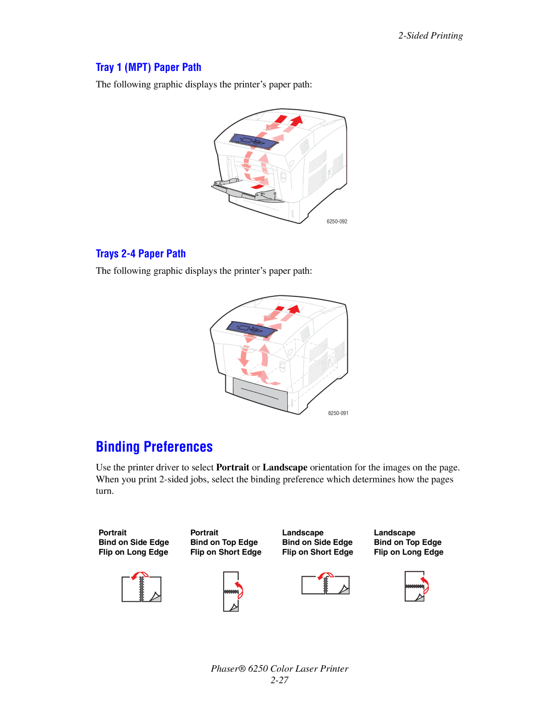 Xerox 6250 manual Binding Preferences, Tray 1 MPT Paper Path, Trays 2-4 Paper Path, Sided Printing 