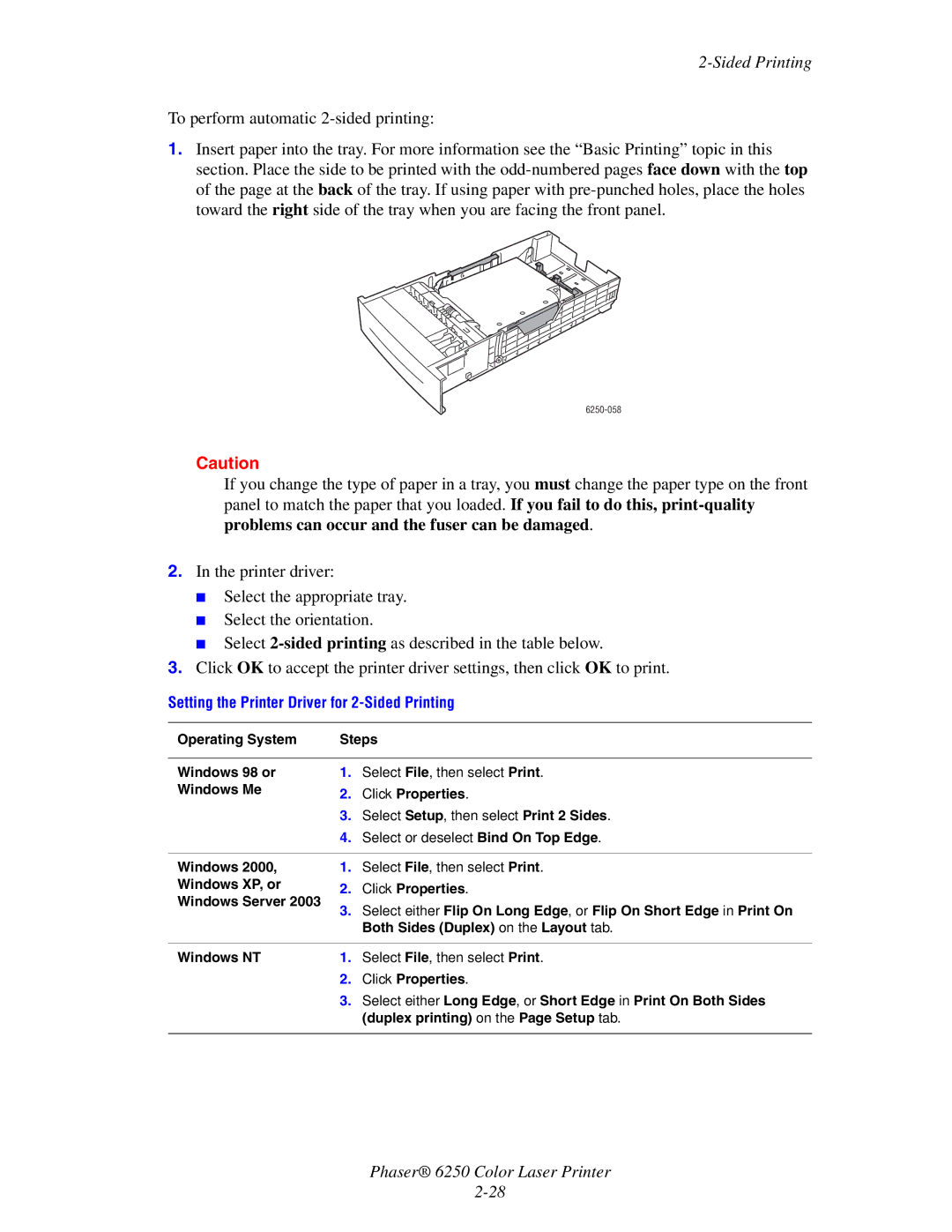 Xerox 6250 manual Operating System Steps Windows 98 or Windows Me, Click Properties, Duplex printing on the Page Setup tab 