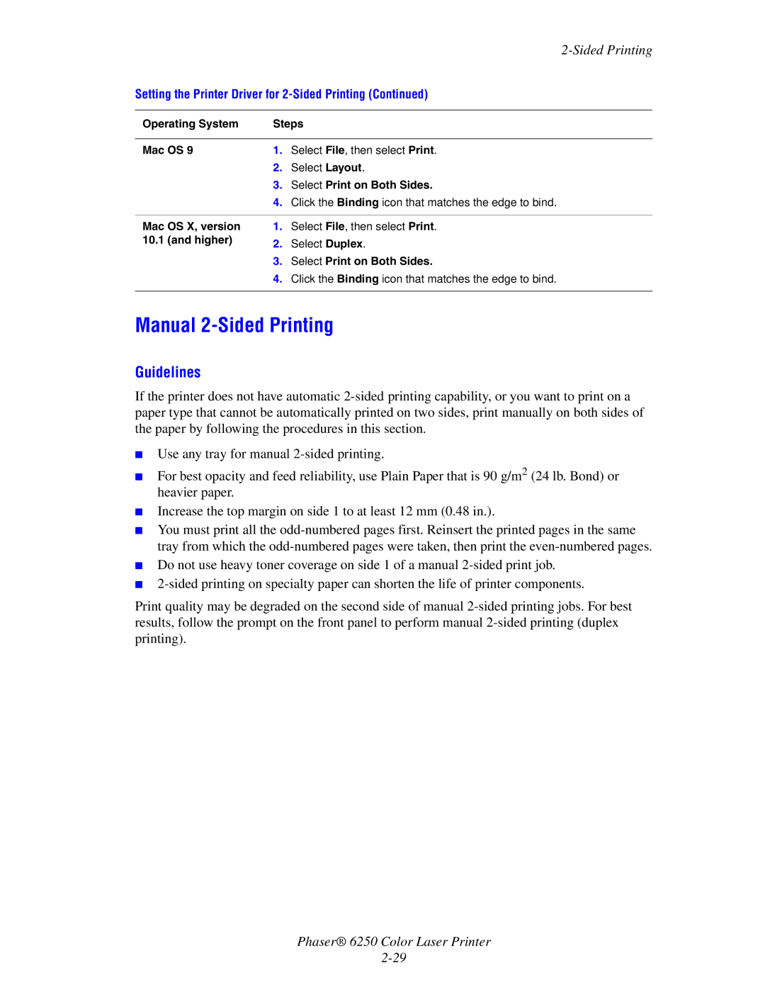 Xerox 6250 manual Manual 2-Sided Printing, Select Print on Both Sides 