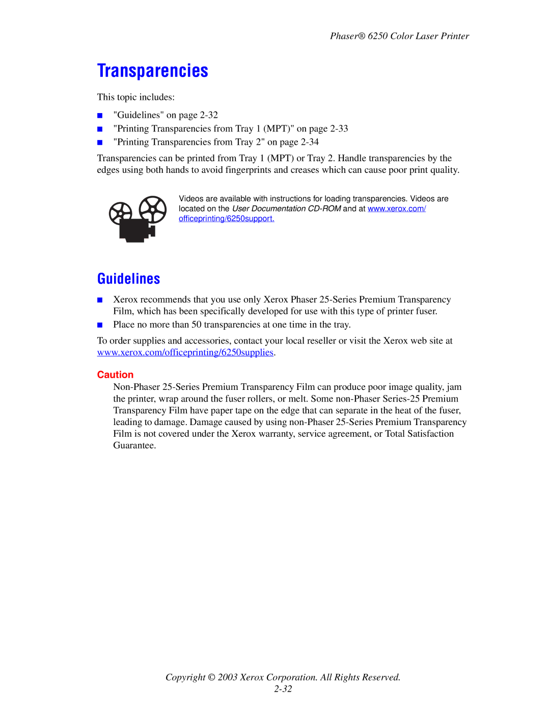 Xerox 6250 manual Transparencies, Guidelines 