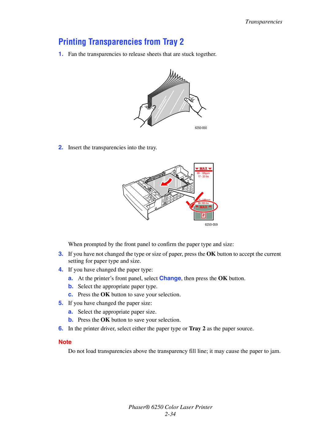 Xerox 6250 manual Printing Transparencies from Tray 