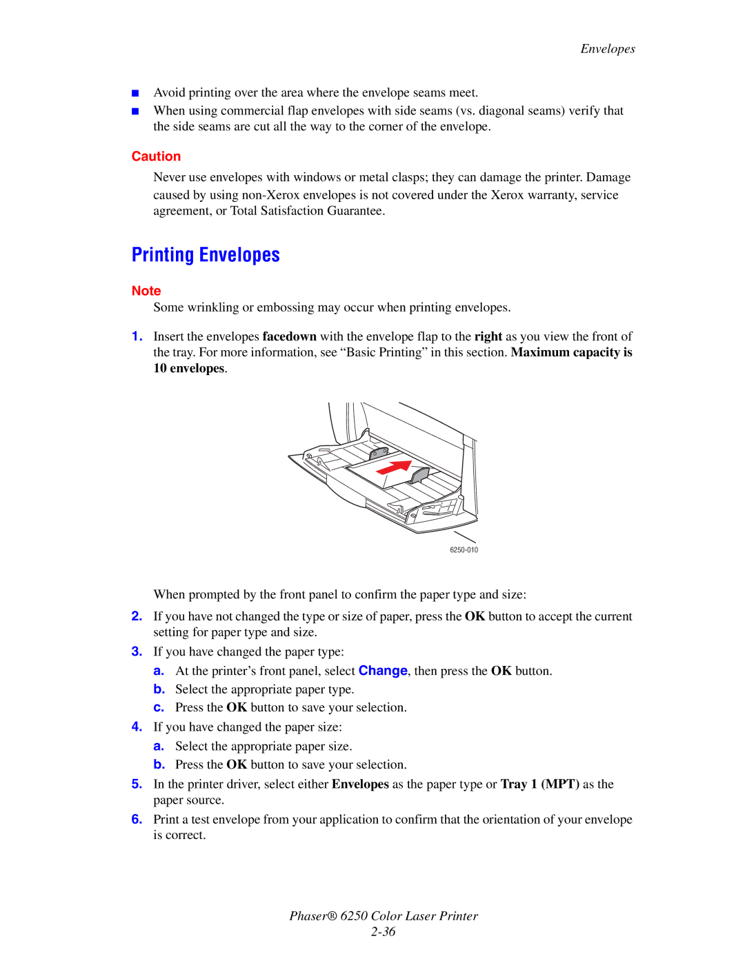 Xerox 6250 manual Printing Envelopes 