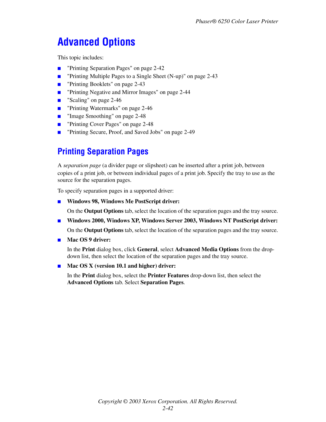 Xerox 6250 manual Advanced Options, Printing Separation Pages 