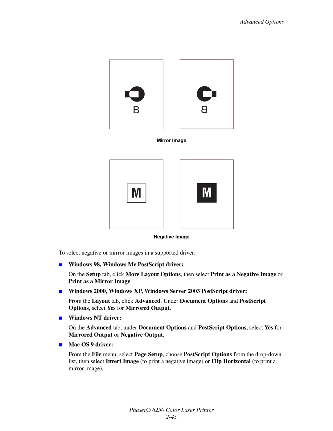 Xerox 6250 manual Mirror Image Negative Image 