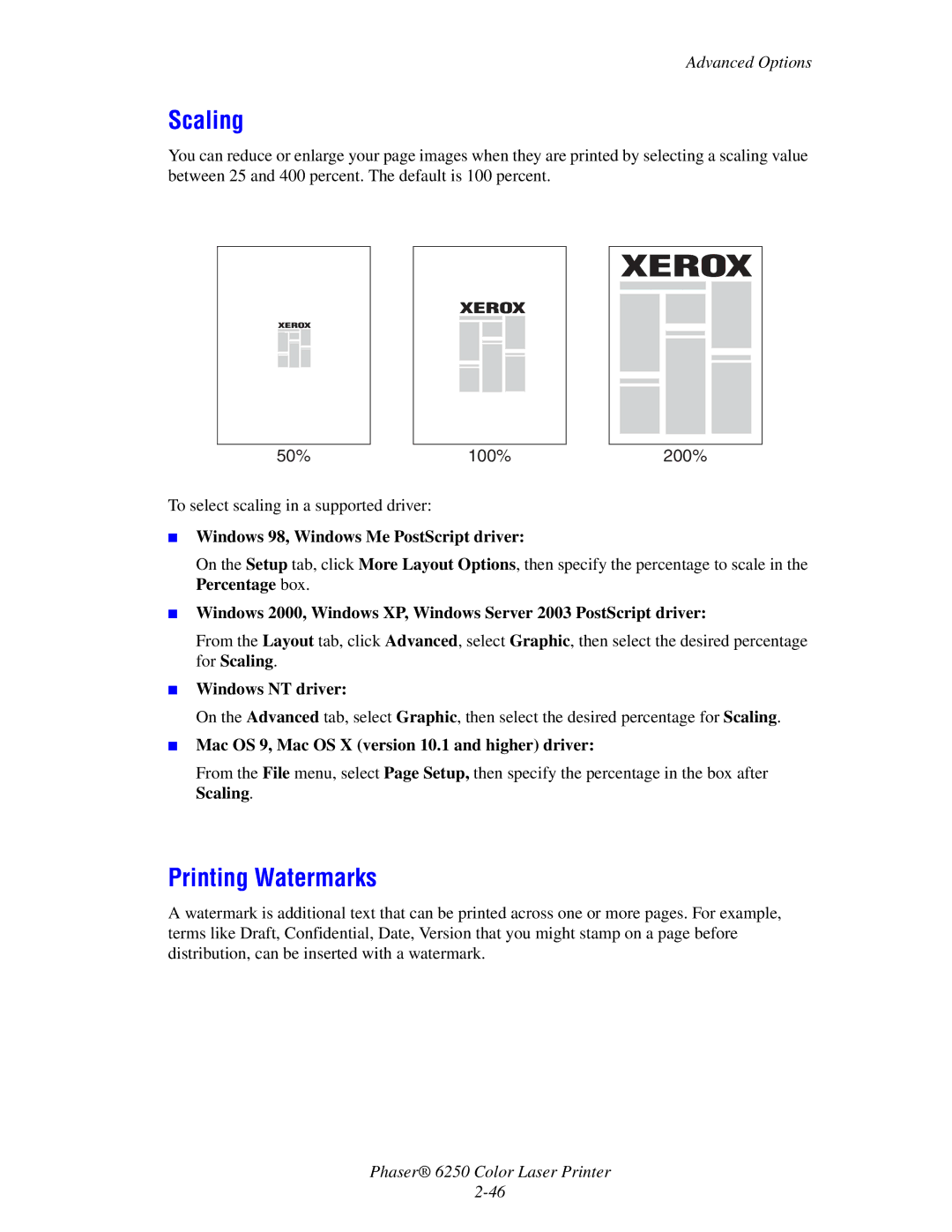 Xerox 6250 manual Scaling, Printing Watermarks, Windows NT driver, Mac OS 9, Mac OS X version 10.1 and higher driver 