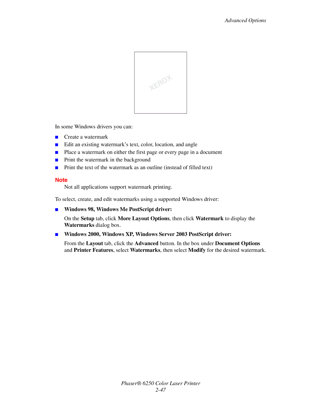 Xerox 6250 manual Windows 98, Windows Me PostScript driver 