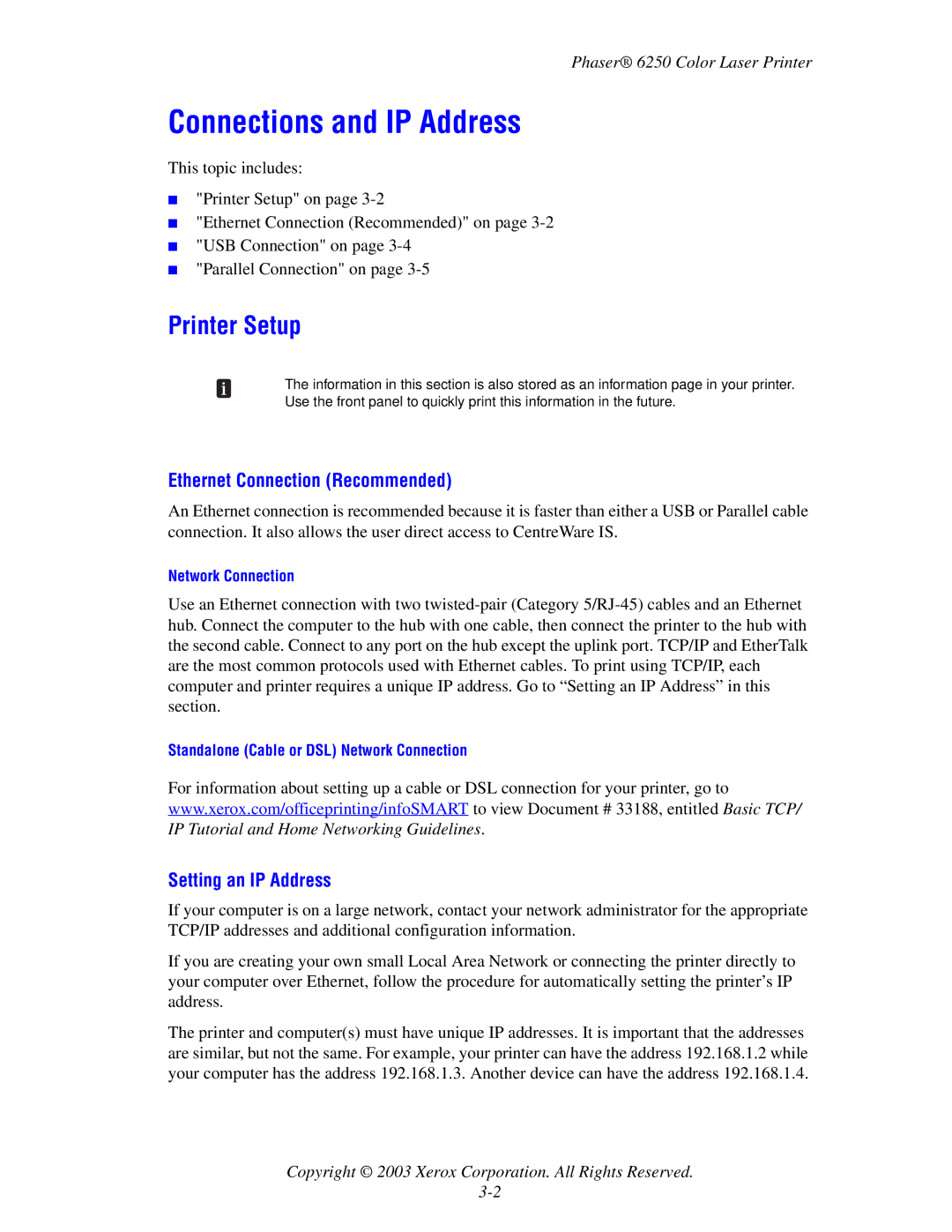 Xerox 6250 manual Connections and IP Address, Printer Setup, Ethernet Connection Recommended, Setting an IP Address 