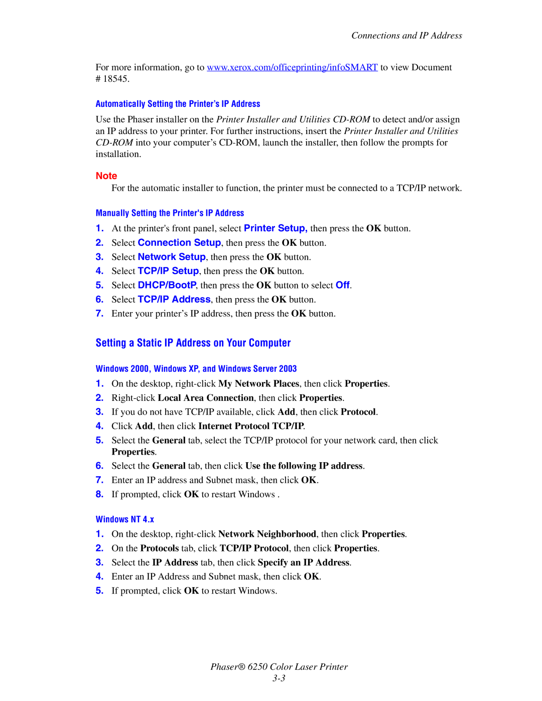 Xerox 6250 manual Setting a Static IP Address on Your Computer, Connections and IP Address 