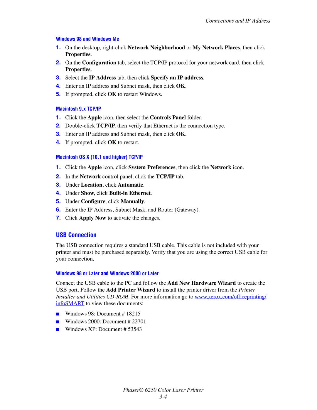 Xerox 6250 manual USB Connection 