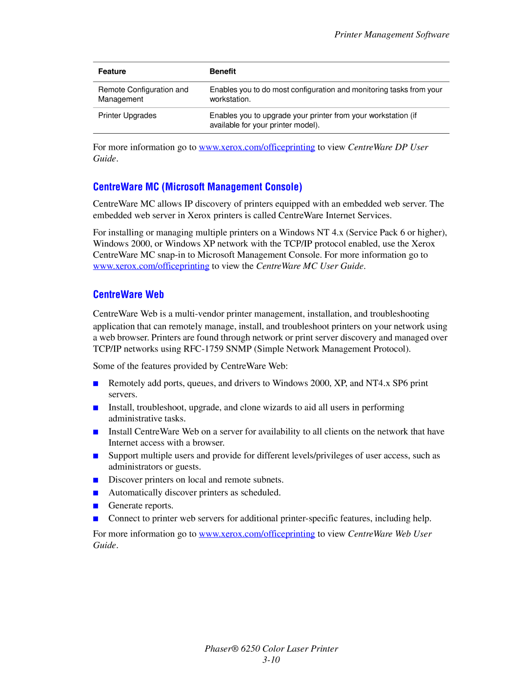 Xerox 6250 manual CentreWare MC Microsoft Management Console, CentreWare Web 