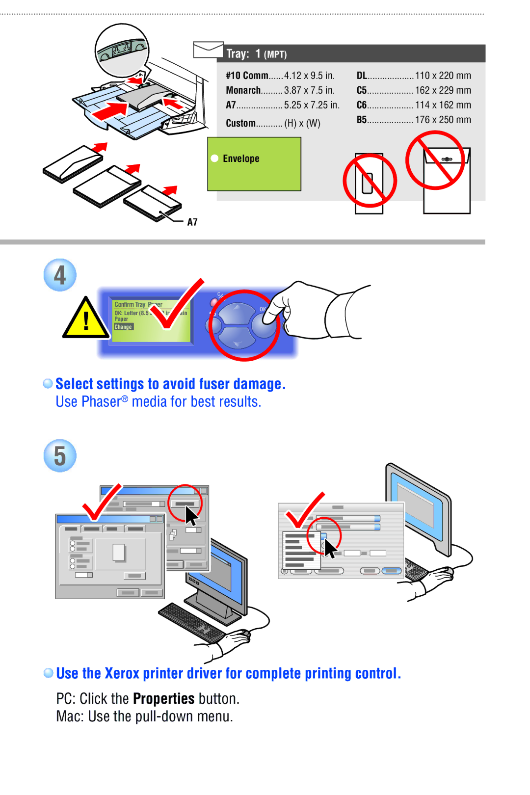 Xerox 6250 manual Select settings to avoid fuser damage, Use the Xerox printer driver for complete printing control 